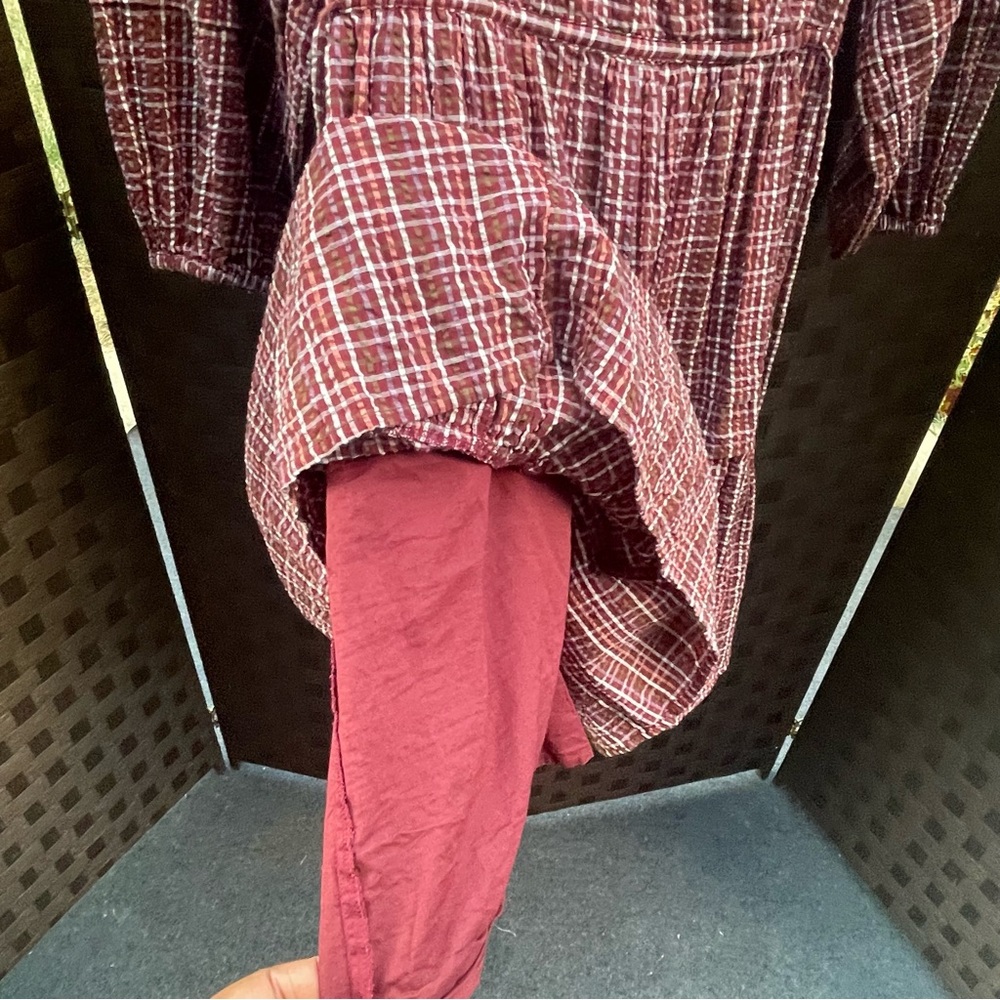 Madewell Merlot Seersucker Checkered Long Sleeve, V neck Dress - Size XS - Picture 14 of 16